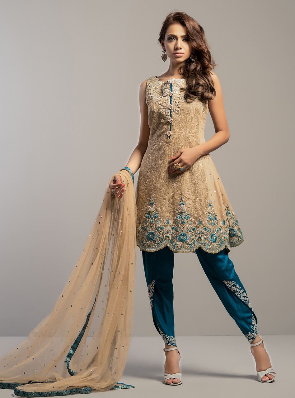 Zainab Chottani | Semi Formals | BEIGE GOLD WITH TEAL DRESS -  Zainab Chottani Formal - Original Designer Dress - House of Maryam
