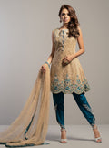 Zainab Chottani | Semi Formals | BEIGE GOLD WITH TEAL DRESS -  Zainab Chottani Formal - Original Designer Dress - House of Maryam