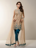 Zainab Chottani | Semi Formals | BEIGE GOLD WITH TEAL DRESS -  Zainab Chottani Formal - Original Designer Dress - House of Maryam