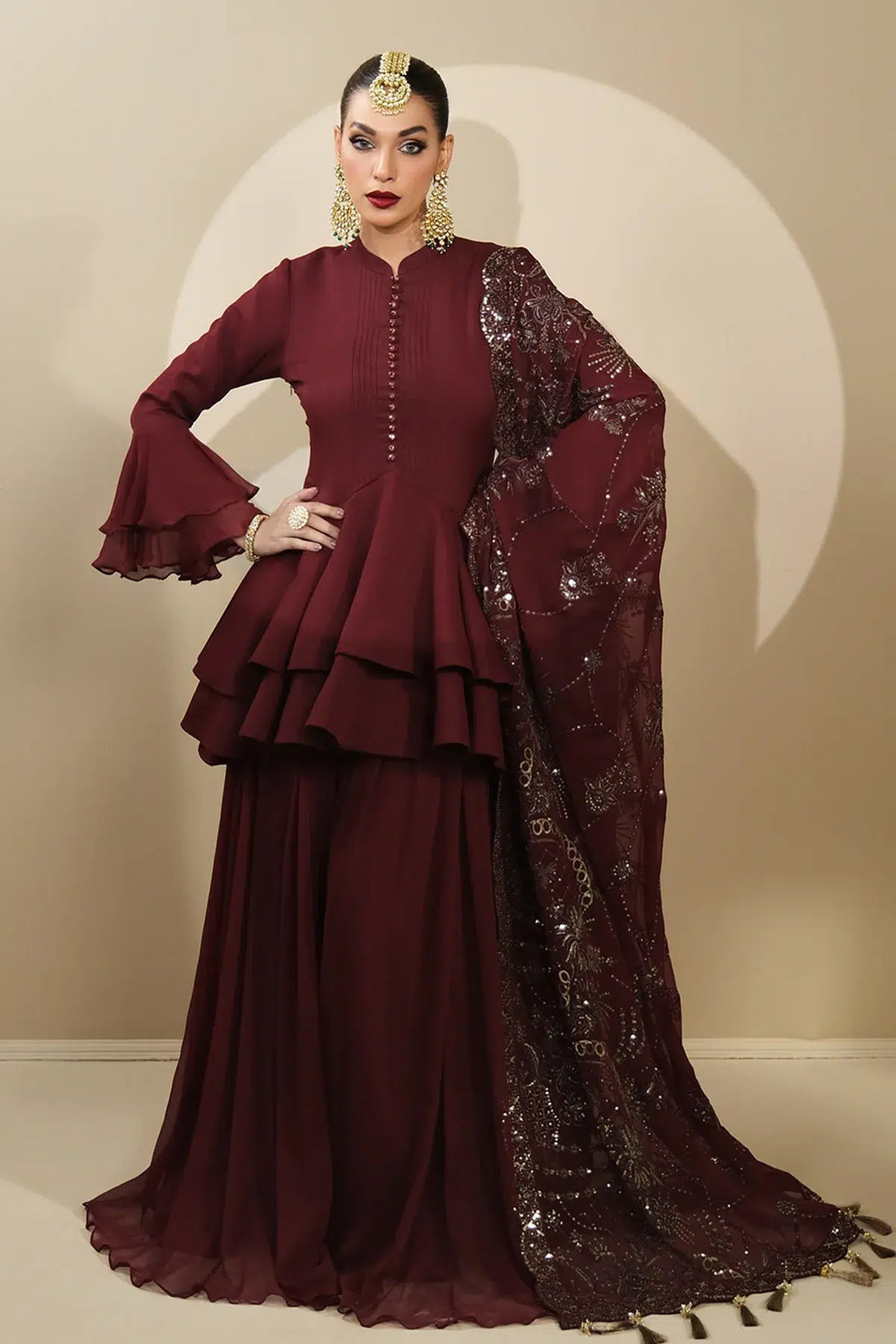 Alizeh | Formals Collection | Maroon Peplum 3 piece - RTW1014 -  Alizeh Formal - Original Designer Dress - House of Maryam