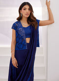 Farah Talib Aziz | Zaza Luxe Pret 24 | OCEAN NAVY DRAPED SAREE WITH CUTWORK EMBELLISHED CAPE -  Farah Talib Aziz Luxury - Original Designer Dress - House of Maryam