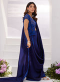 Farah Talib Aziz | Zaza Luxe Pret 24 | OCEAN NAVY DRAPED SAREE WITH CUTWORK EMBELLISHED CAPE -  Farah Talib Aziz Luxury - Original Designer Dress - House of Maryam