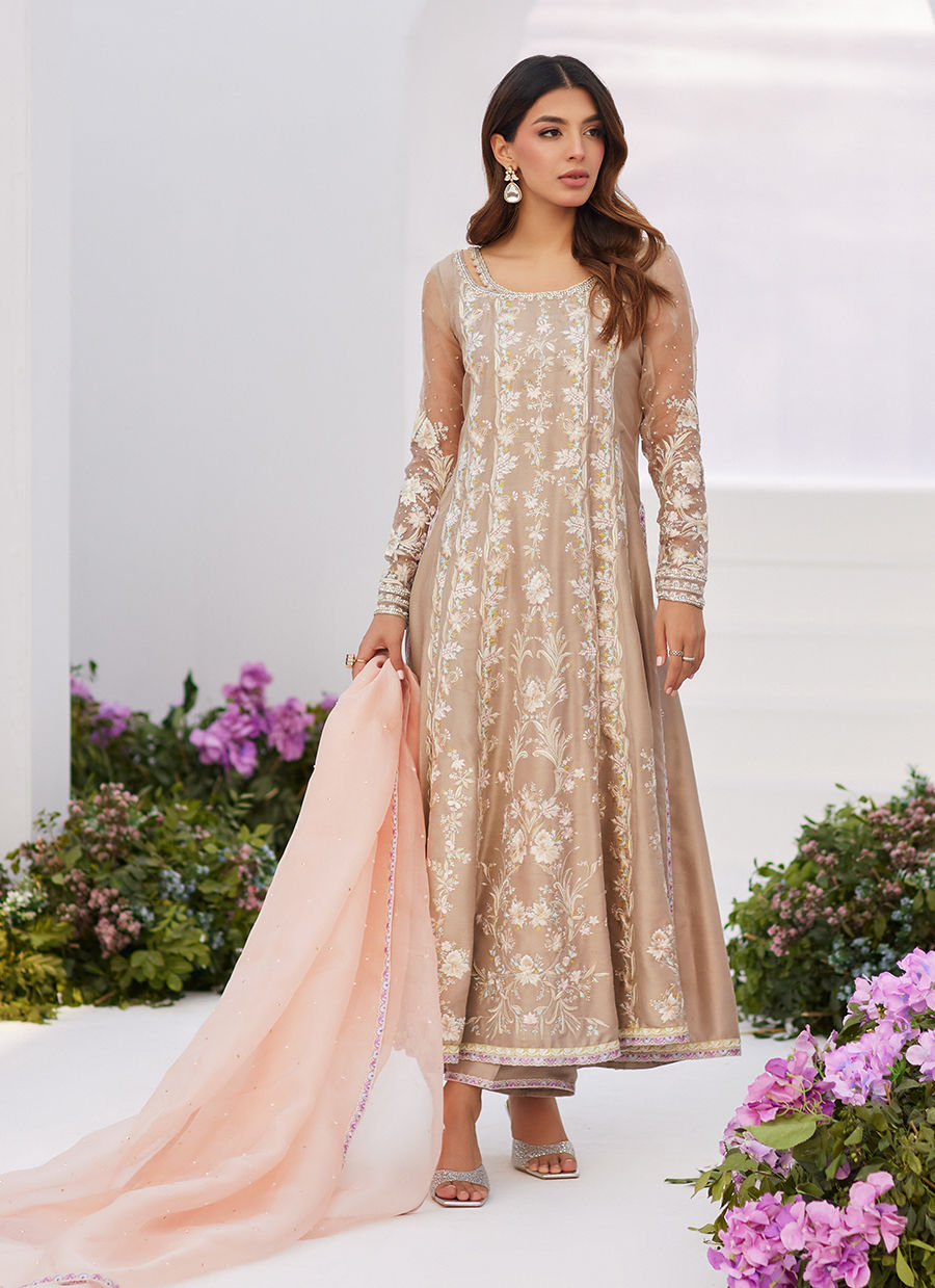 Farah Talib Aziz | Zaza Luxe Pret 24 | CHARLENE SAND EMBROIDERED KALIDAAR WITH DUPATTA -  Farah Talib Aziz Luxury - Original Designer Dress - House of Maryam