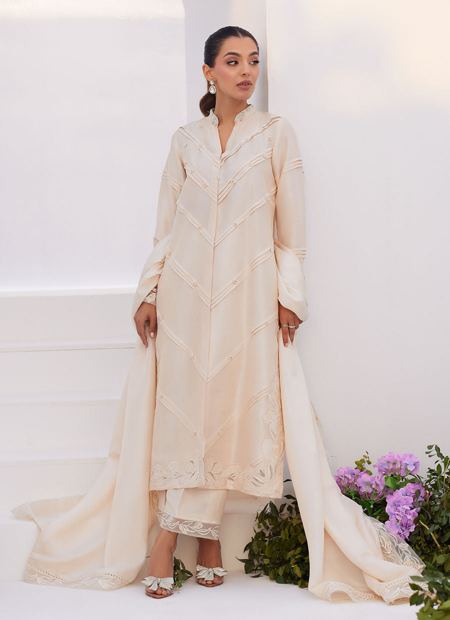 Farah Talib Aziz | Zaza Luxe Pret 24 | TISELE IVORY PLEATED RAW SILK SHIRT AND DUPATTA -  Farah Talib Aziz Luxury - Original Designer Dress - House of Maryam