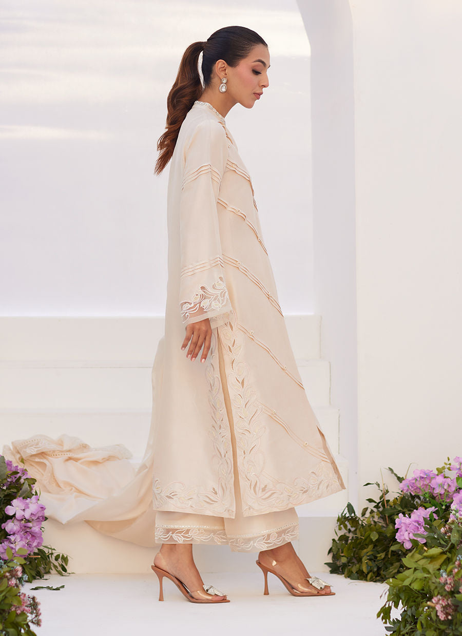Farah Talib Aziz | Zaza Luxe Pret 24 | TISELE IVORY PLEATED RAW SILK SHIRT AND DUPATTA -  Farah Talib Aziz Luxury - Original Designer Dress - House of Maryam