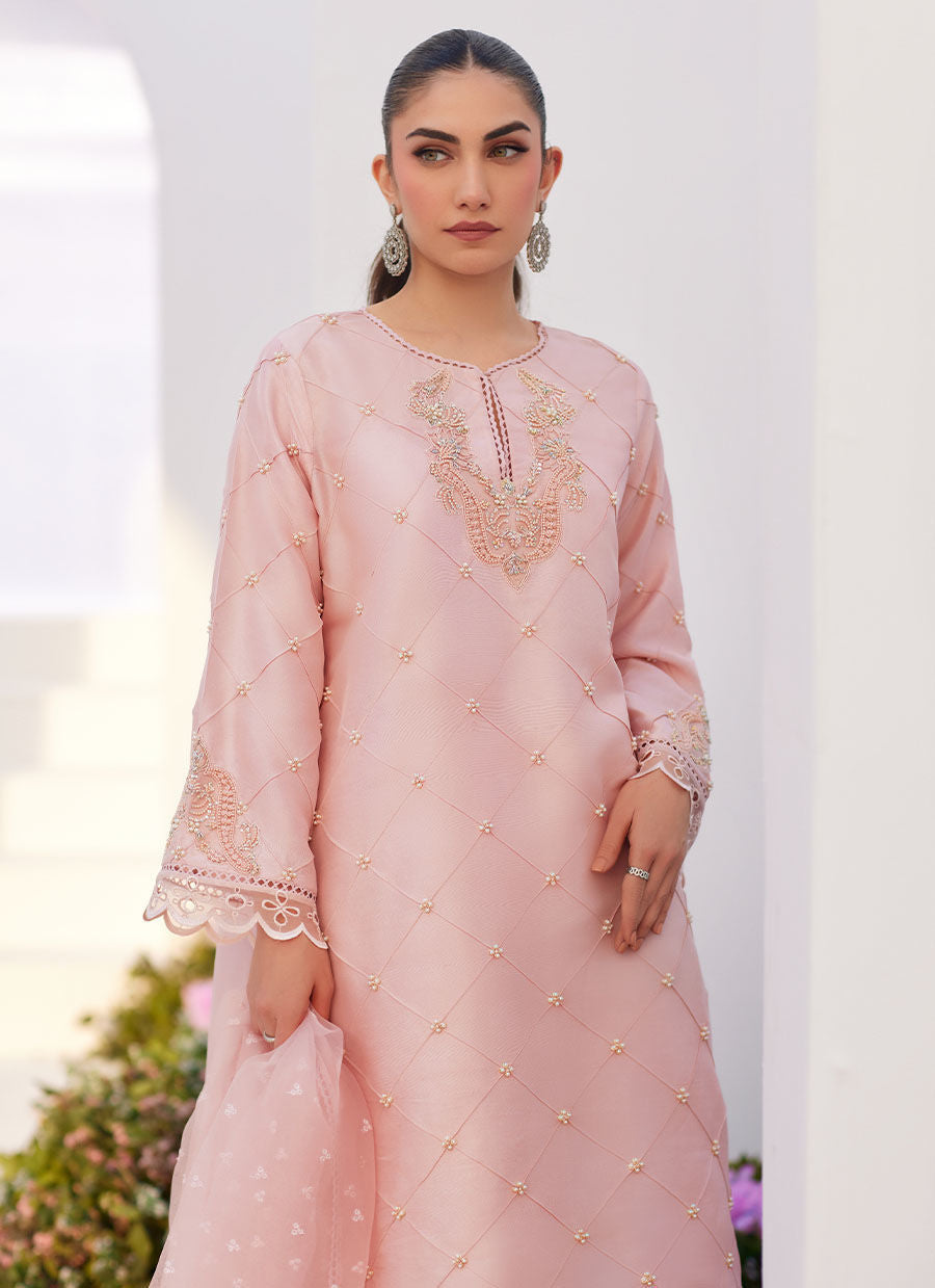Farah Talib Aziz | Zaza Luxe Pret 24 | BEBE BLUSH PINK EMBELLISHED RAW SILK KURTA SHIRT AND DUPATTA -  Farah Talib Aziz Luxury - Original Designer Dress - House of Maryam