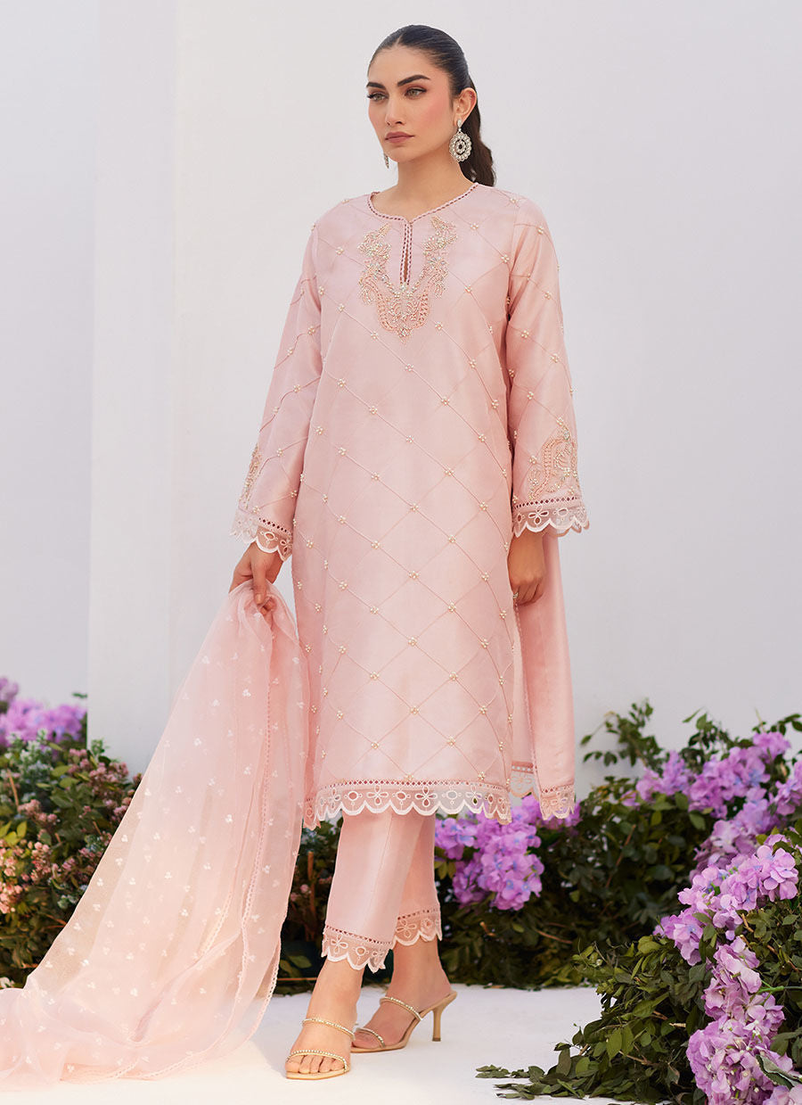Farah Talib Aziz | Zaza Luxe Pret 24 | BEBE BLUSH PINK EMBELLISHED RAW SILK KURTA SHIRT AND DUPATTA -  Farah Talib Aziz Luxury - Original Designer Dress - House of Maryam