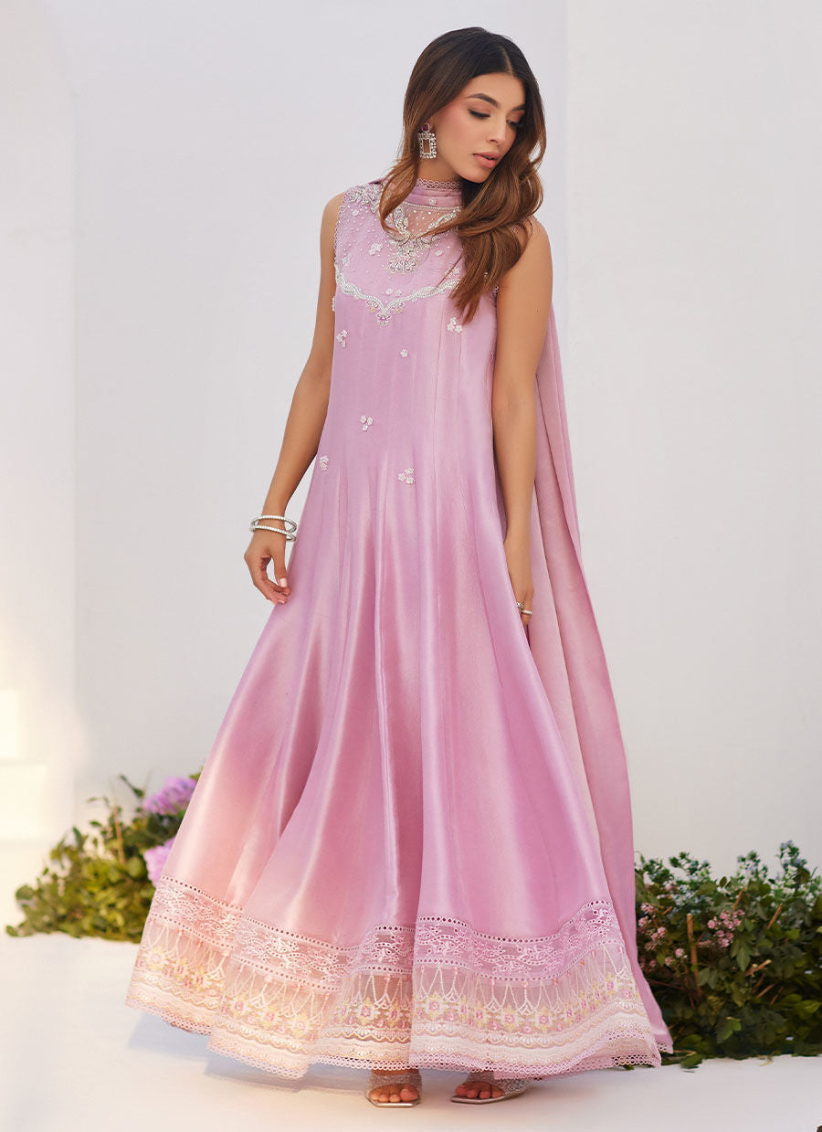 Farah Talib Aziz | Zaza Luxe Pret 24 | CECE MAUVE EMBELLISHED RAW SILK KALIDAR WITH CHARMUESE DUPATTA -  Farah Talib Aziz Luxury - Original Designer Dress - House of Maryam