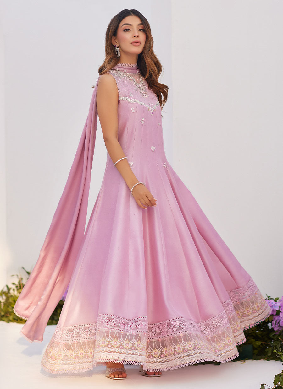 Farah Talib Aziz | Zaza Luxe Pret 24 | CECE MAUVE EMBELLISHED RAW SILK KALIDAR WITH CHARMUESE DUPATTA -  Farah Talib Aziz Luxury - Original Designer Dress - House of Maryam