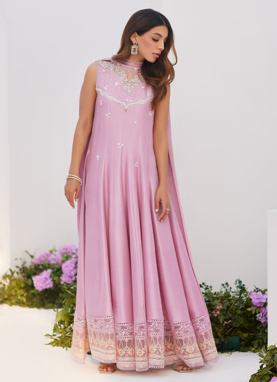 Farah Talib Aziz | Zaza Luxe Pret 24 | CECE MAUVE EMBELLISHED RAW SILK KALIDAR WITH CHARMUESE DUPATTA -  Farah Talib Aziz Luxury - Original Designer Dress - House of Maryam