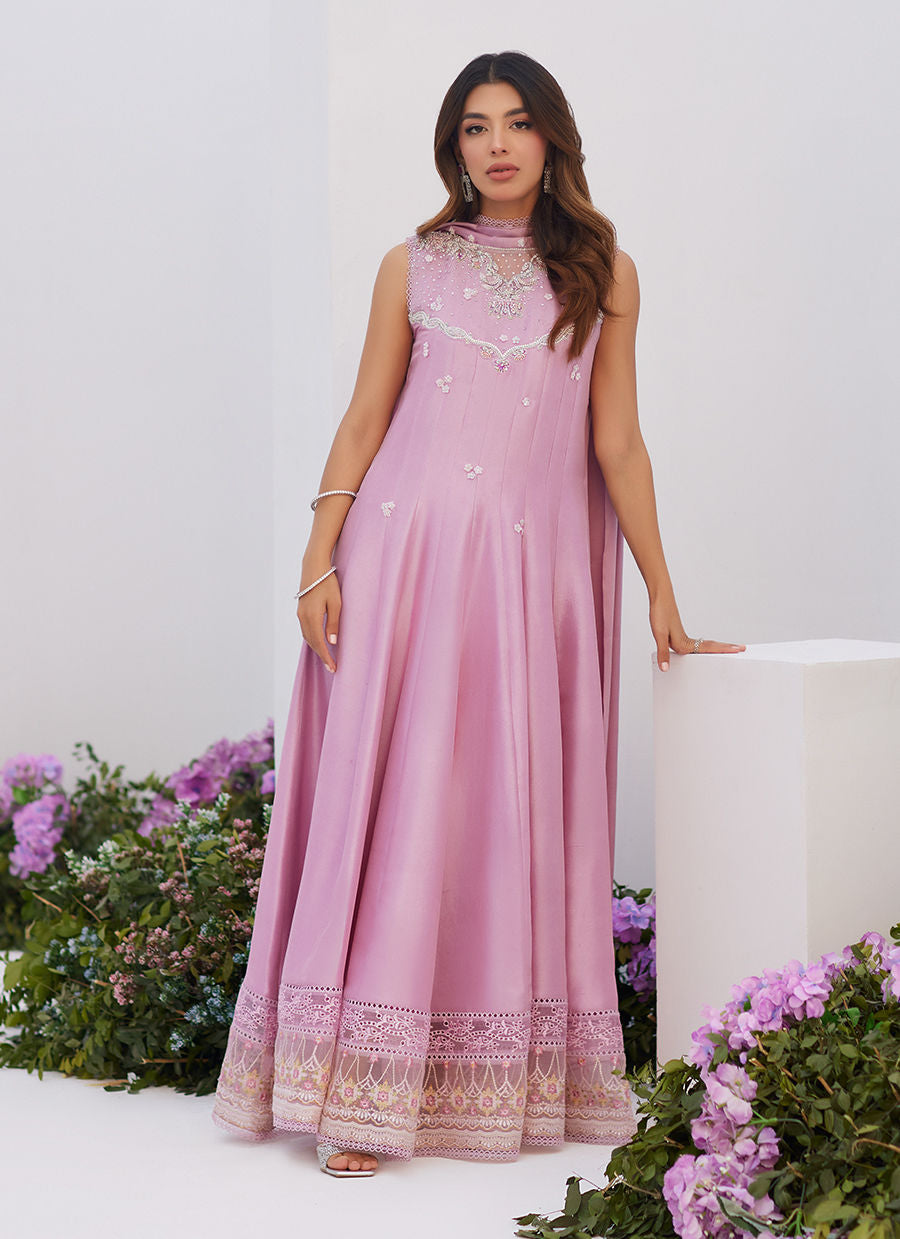 Farah Talib Aziz | Zaza Luxe Pret 24 | CECE MAUVE EMBELLISHED RAW SILK KALIDAR WITH CHARMUESE DUPATTA -  Farah Talib Aziz Luxury - Original Designer Dress - House of Maryam