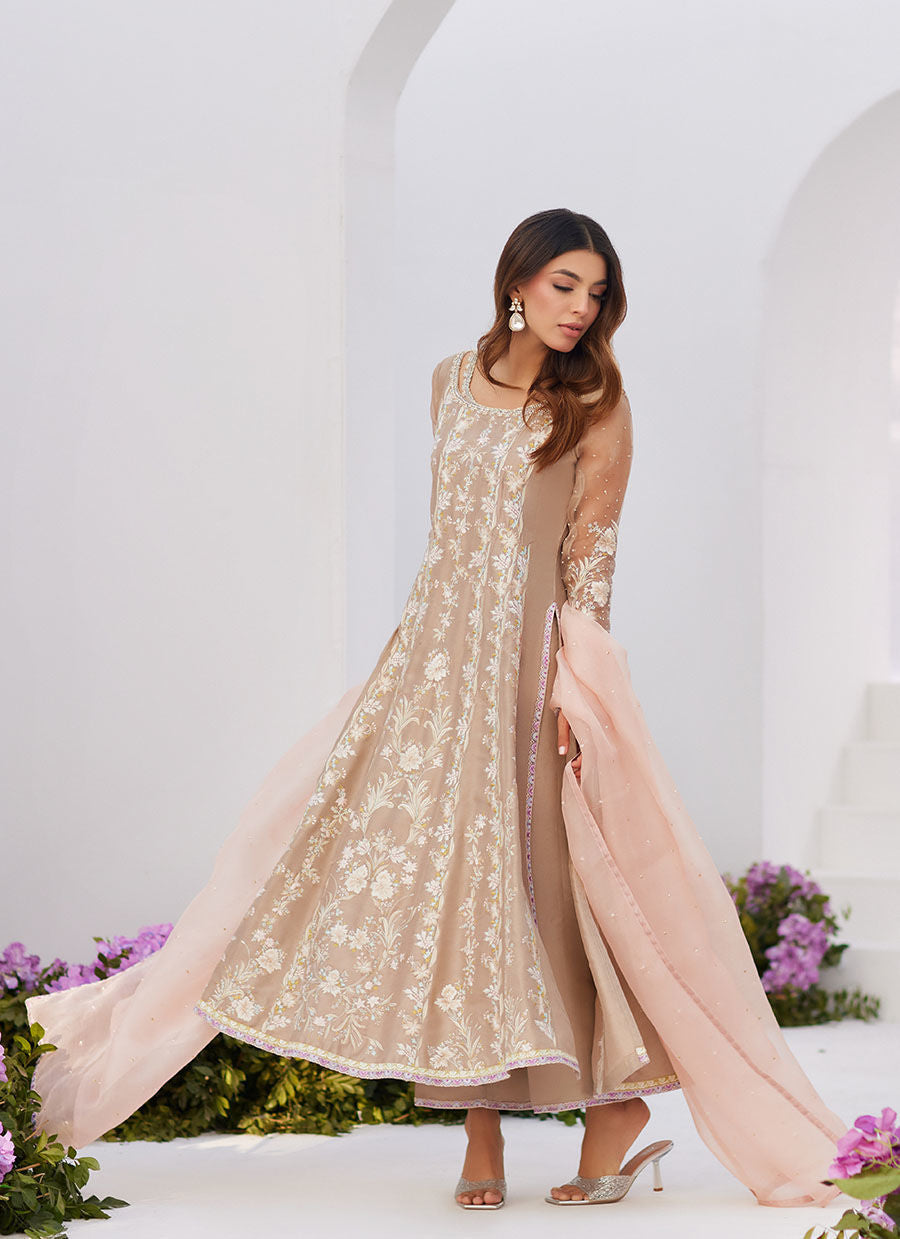 Farah Talib Aziz | Zaza Luxe Pret 24 | CHARLENE SAND EMBROIDERED KALIDAAR WITH DUPATTA -  Farah Talib Aziz Luxury - Original Designer Dress - House of Maryam