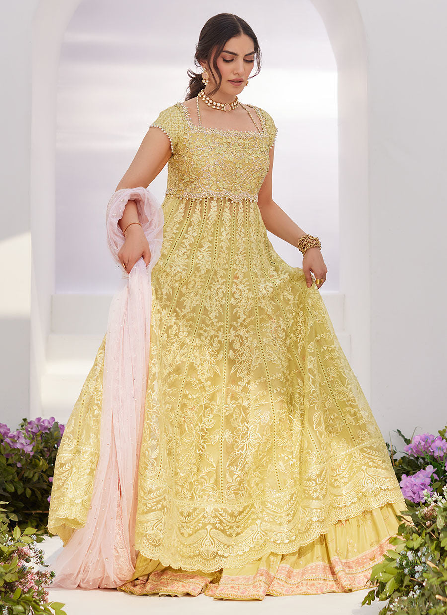 Farah Talib Aziz | Zaza Luxe Pret 24 | REINE KIWI EMBROIDERED EMBELLISHED KALIDAAR -  Farah Talib Aziz Luxury - Original Designer Dress - House of Maryam