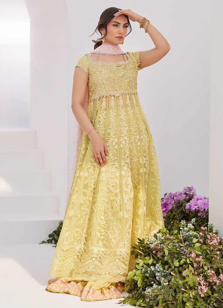 Farah Talib Aziz | Zaza Luxe Pret 24 | REINE KIWI EMBROIDERED EMBELLISHED KALIDAAR -  Farah Talib Aziz Luxury - Original Designer Dress - House of Maryam