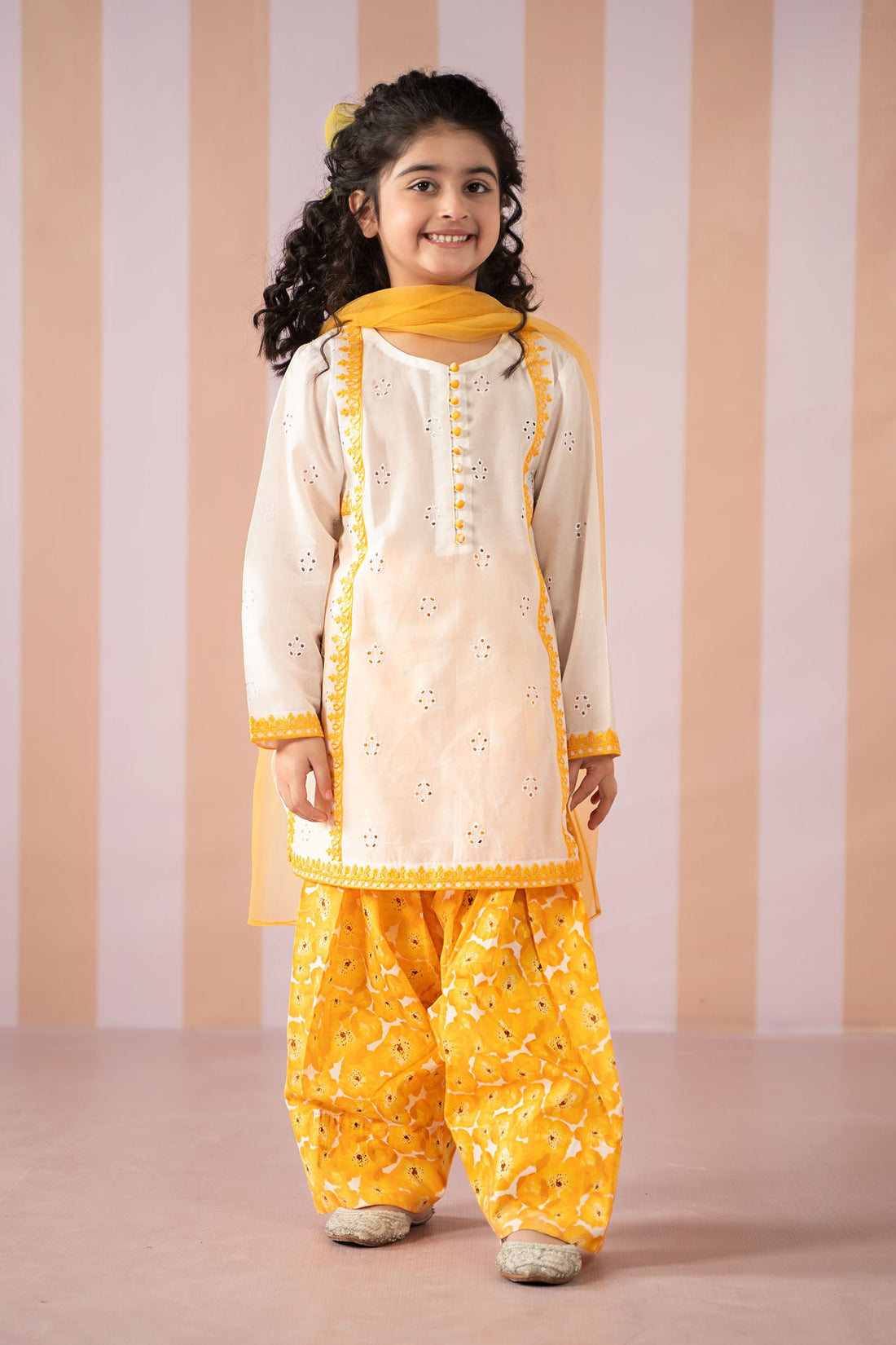 Maria B | Girls | MKD-EF25-66 (White & Yellow) -  Maria B Maria B Kids - Original Designer Dress - House of Maryam