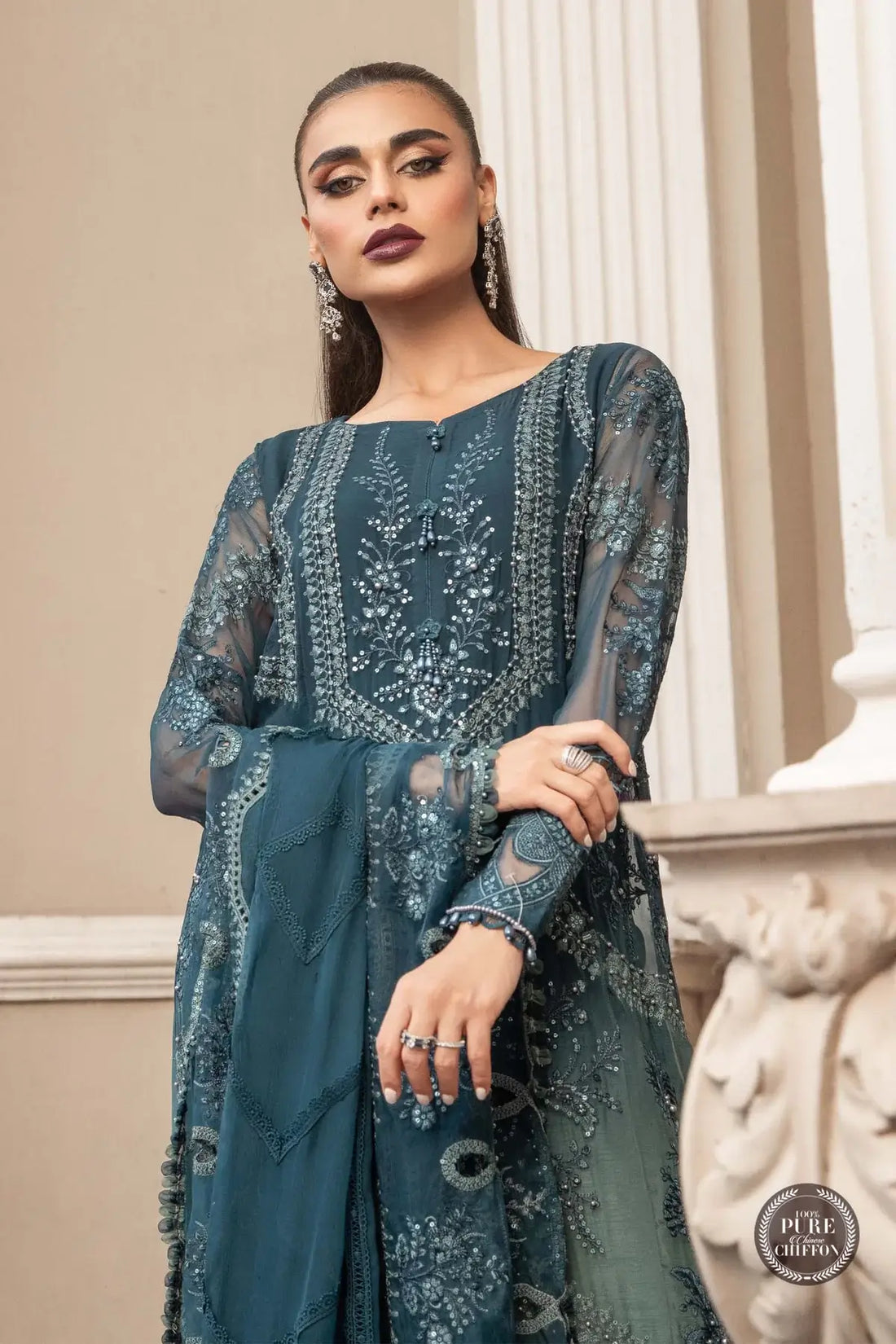 Maria B | Luxury Chiffon Collection | Teal Blue -  Maria B Formal - Original Designer Dress - House of Maryam