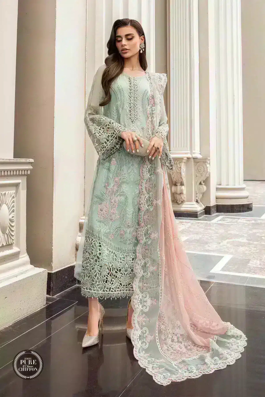 Maria B | Luxury Chiffon Collection | Mint Green -  Maria B Formal - Original Designer Dress - House of Maryam