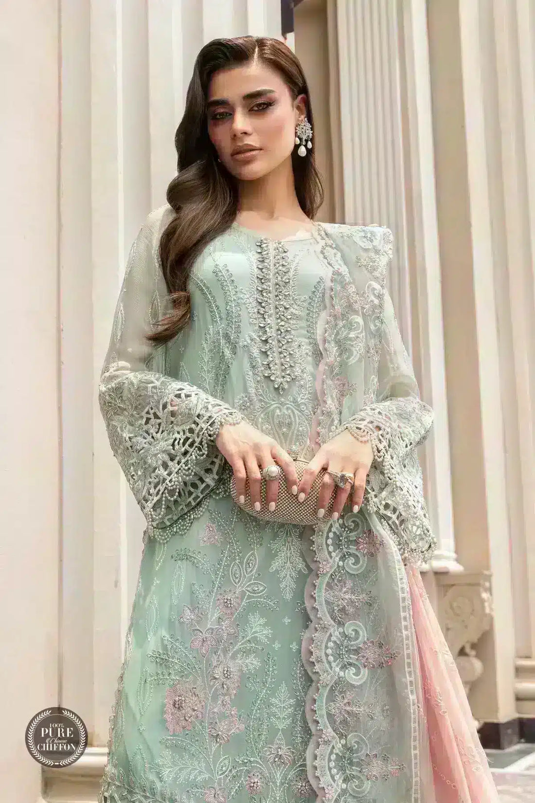Maria B | Luxury Chiffon Collection | Mint Green -  Maria B Formal - Original Designer Dress - House of Maryam