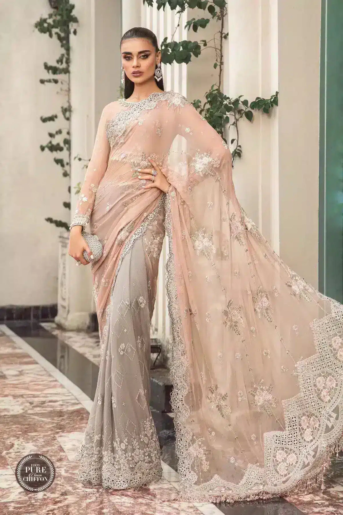 Maria B | Luxury Chiffon Collection | Peach And Grey -  Maria B Formal - Original Designer Dress - House of Maryam