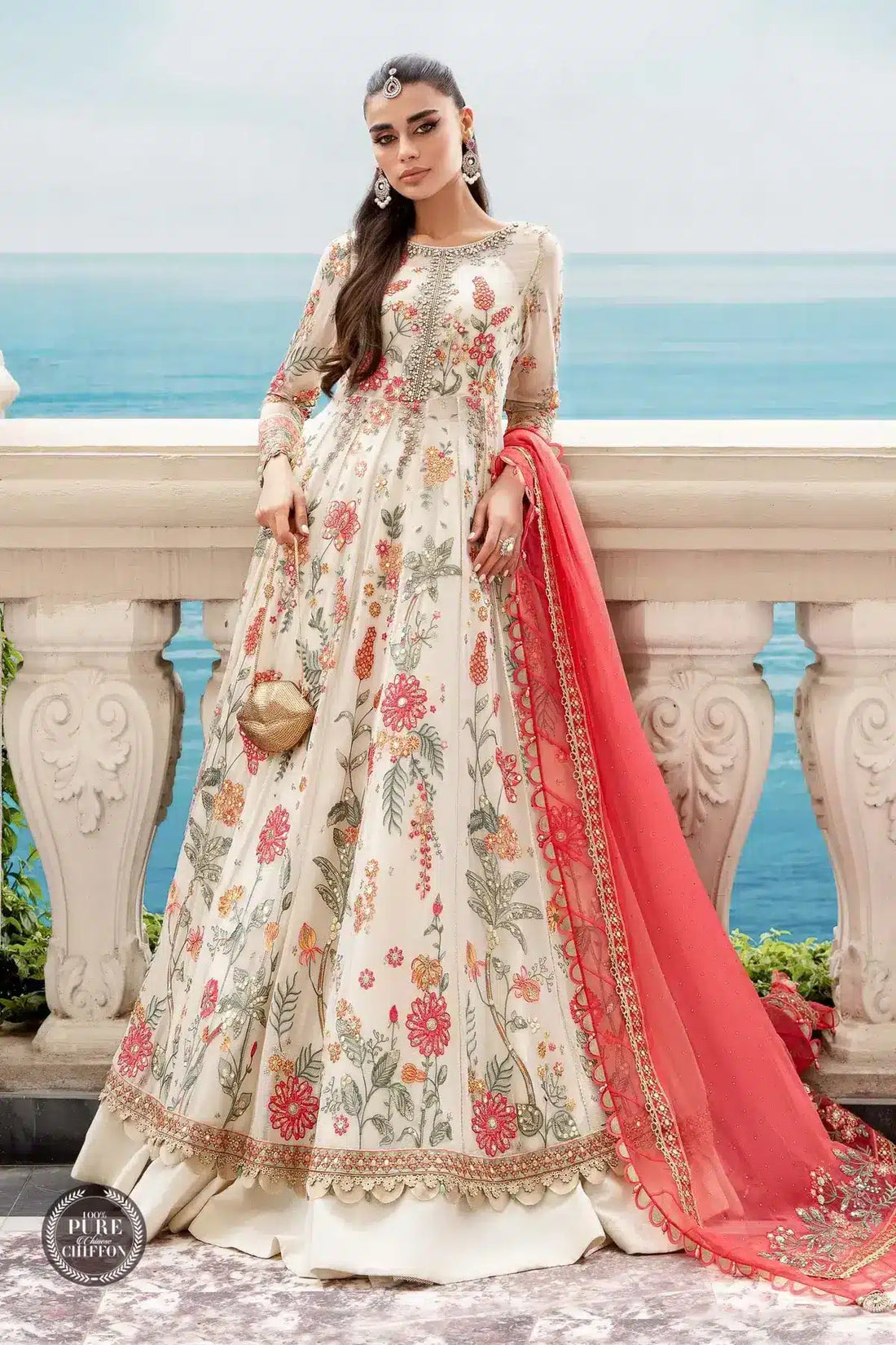 Maria B | Luxury Chiffon Collection | Cloud White Floral -  Maria B Formal - Original Designer Dress - House of Maryam
