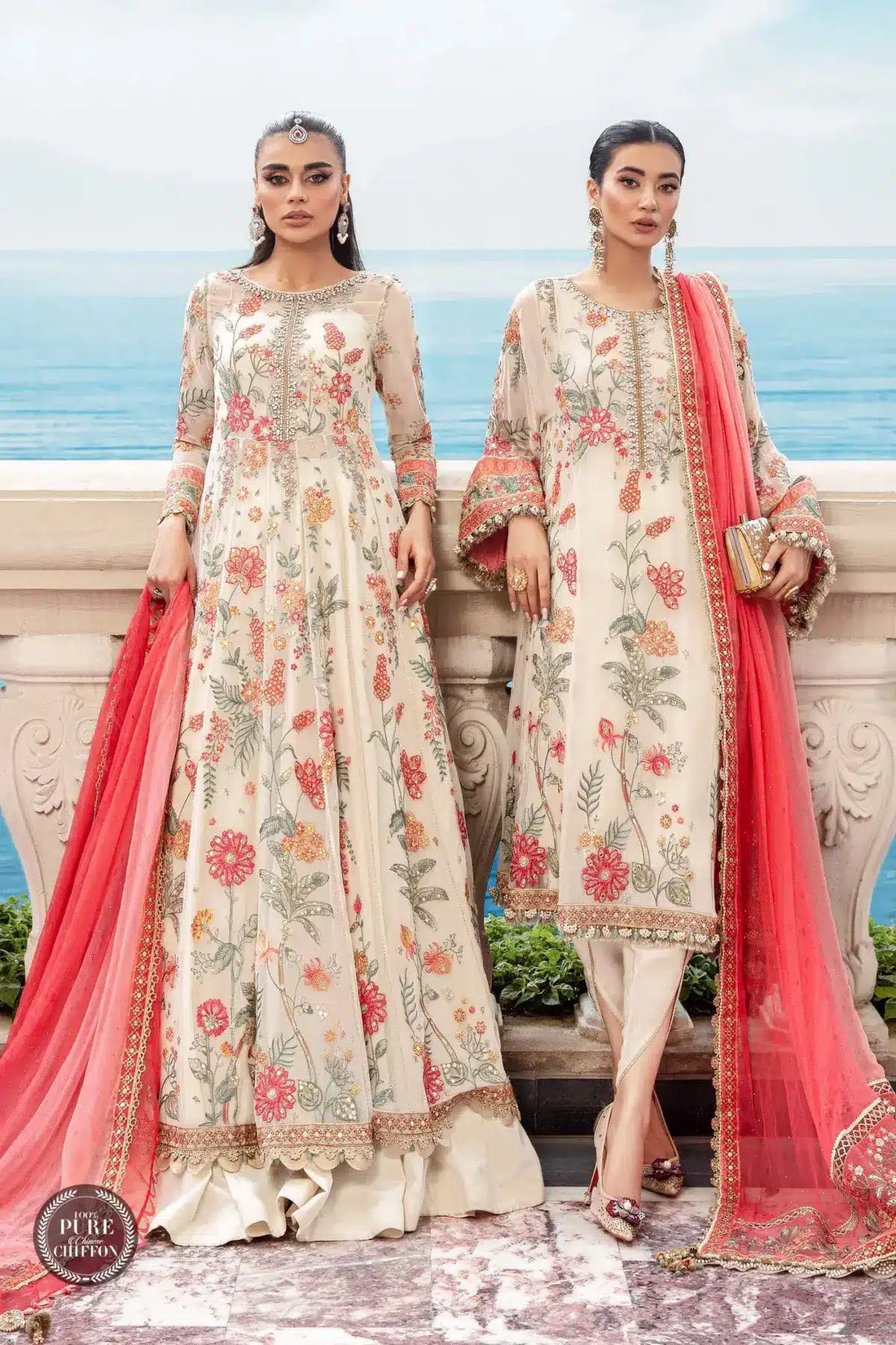 Maria B | Luxury Chiffon Collection | Cloud White Floral -  Maria B Formal - Original Designer Dress - House of Maryam