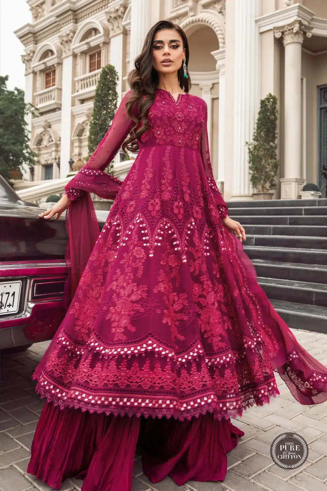 Maria B | Luxury Chiffon Collection | Magenta Pink -  Maria B Formal - Original Designer Dress - House of Maryam