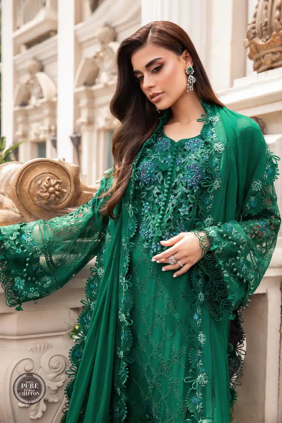 Maria B | Luxury Chiffon Collection | Emerald Green -  Maria B Formal - Original Designer Dress - House of Maryam