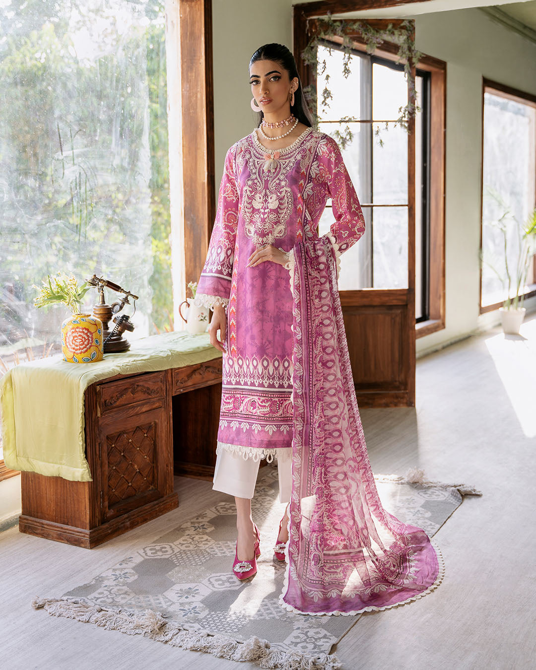 Roheenaz | Flora Printed Lawn | Amaranth -  Roheenaz Luxury - Original Designer Dress - House of Maryam