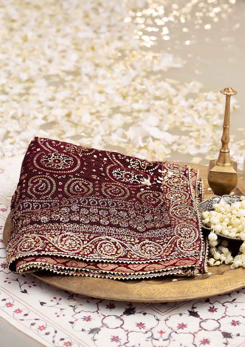 Aik Atelier | MAROON TUSSAR SILK CHUNRI SHAWL -  Aik Atelier Bridal - Original Designer Dress - House of Maryam