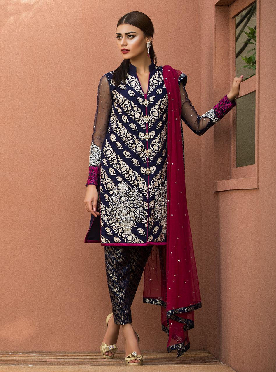 Zainab Chottani | Semi Formals | NAVY BLUE FLORAL DRESS -  Zainab Chottani Formal - Original Designer Dress - House of Maryam