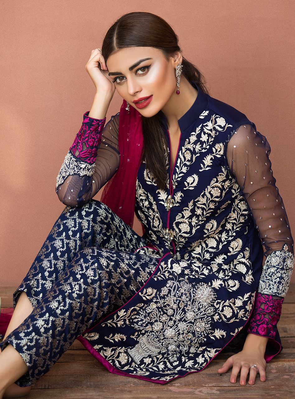 Zainab Chottani | Semi Formals | NAVY BLUE FLORAL DRESS