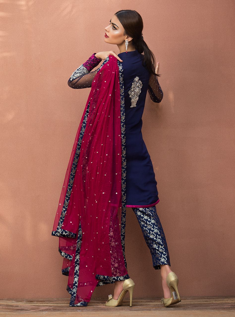 Zainab Chottani | Semi Formals | NAVY BLUE FLORAL DRESS -  Zainab Chottani Formal - Original Designer Dress - House of Maryam