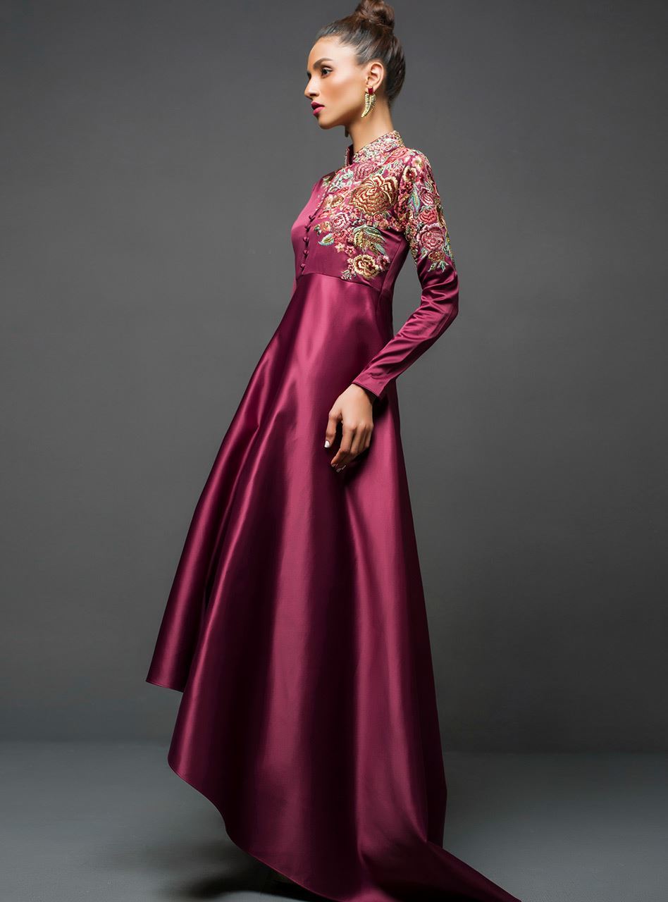 Zainab Chottani | Semi Formals | MAROON GOWN ASYMMETRICAL