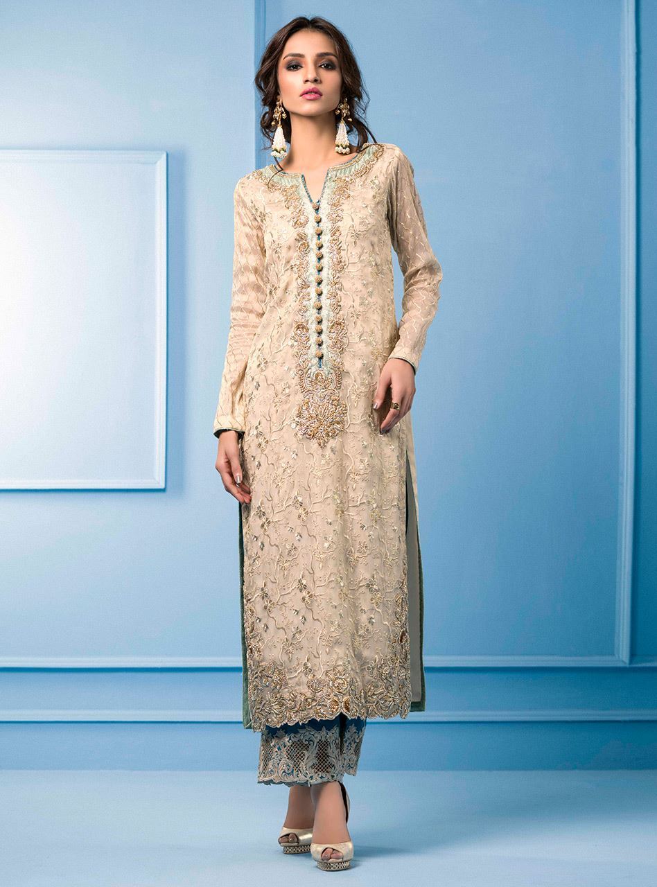 Zainab Chottani | Semi Formals | BEIGE AND TURQUOISE -  Zainab Chottani Formal - Original Designer Dress - House of Maryam