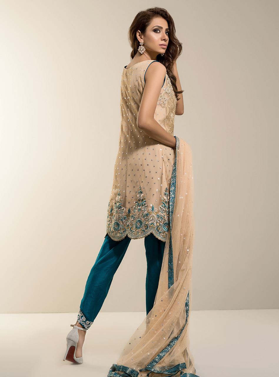 Zainab Chottani | Semi Formals | BEIGE GOLD WITH TEAL DRESS by Designer Zainab Chottani - House of Maryam - Pakistani Designer Ethnic Wear in {{ shop.shopifyCountryName }}