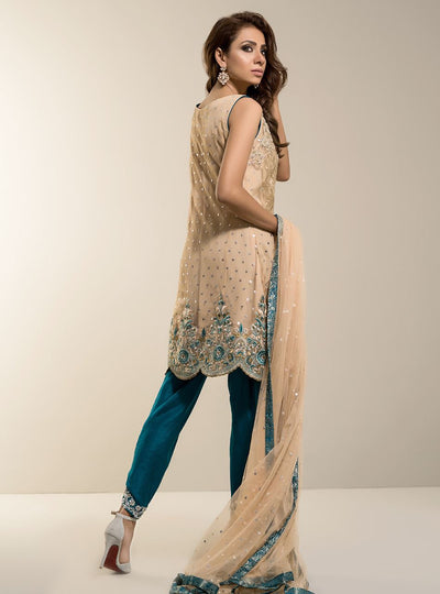 Zainab Chottani | Semi Formals | BEIGE GOLD WITH TEAL DRESS -  Zainab Chottani Formal - Original Designer Dress - House of Maryam