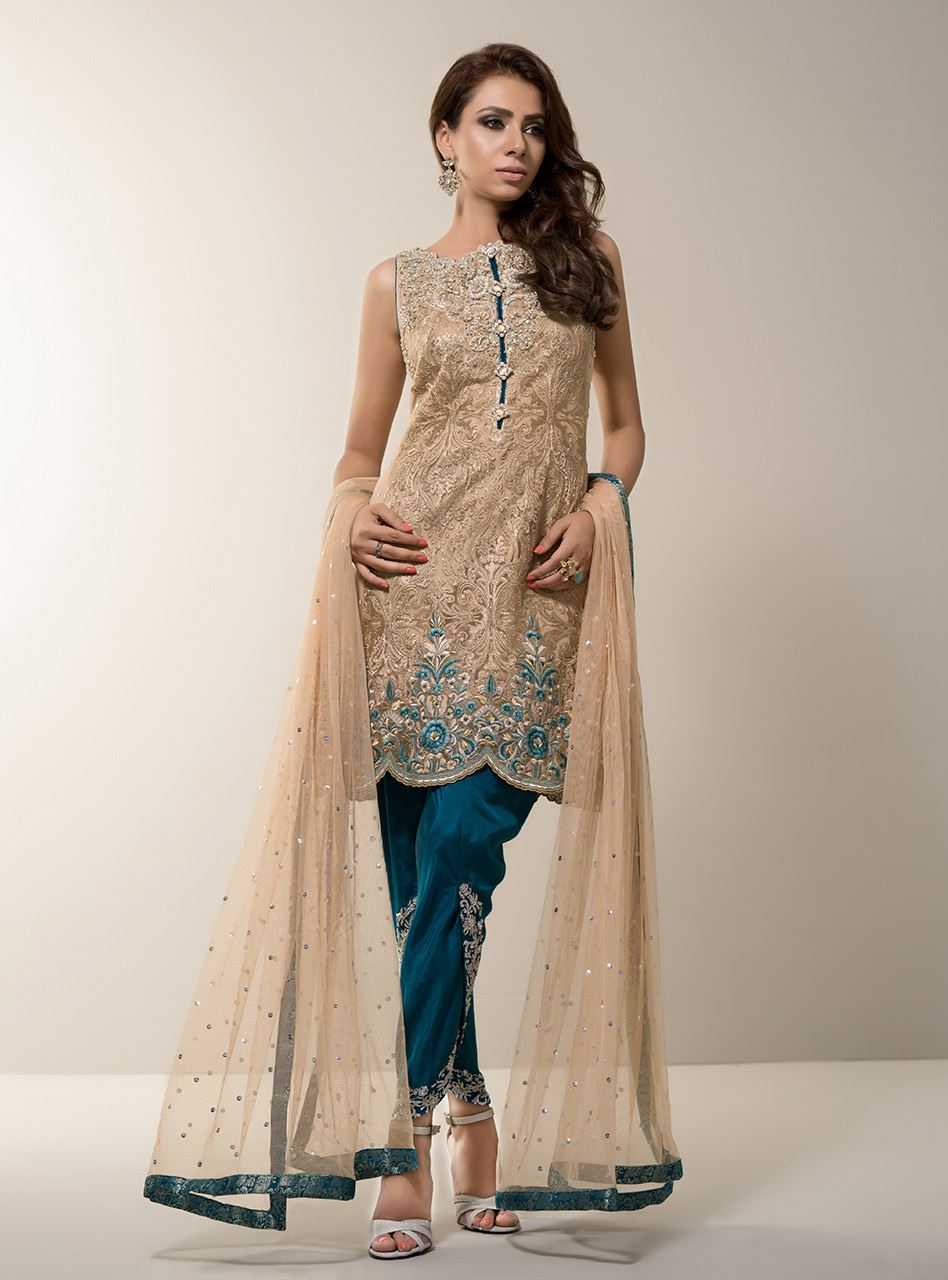 Zainab Chottani | Semi Formals | BEIGE GOLD WITH TEAL DRESS by Designer Zainab Chottani - House of Maryam - Pakistani Designer Ethnic Wear in {{ shop.shopifyCountryName }}