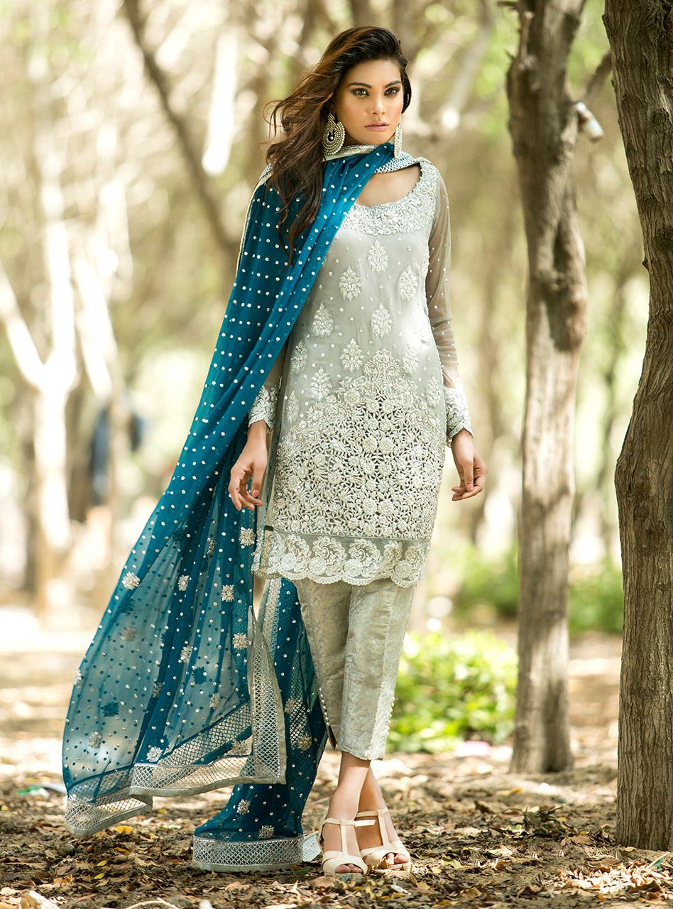 Zainab Chottani | Semi Formals | SILVER AND TEAL DRESS by Designer Zainab Chottani - House of Maryam - Pakistani Designer Ethnic Wear in {{ shop.shopifyCountryName }}