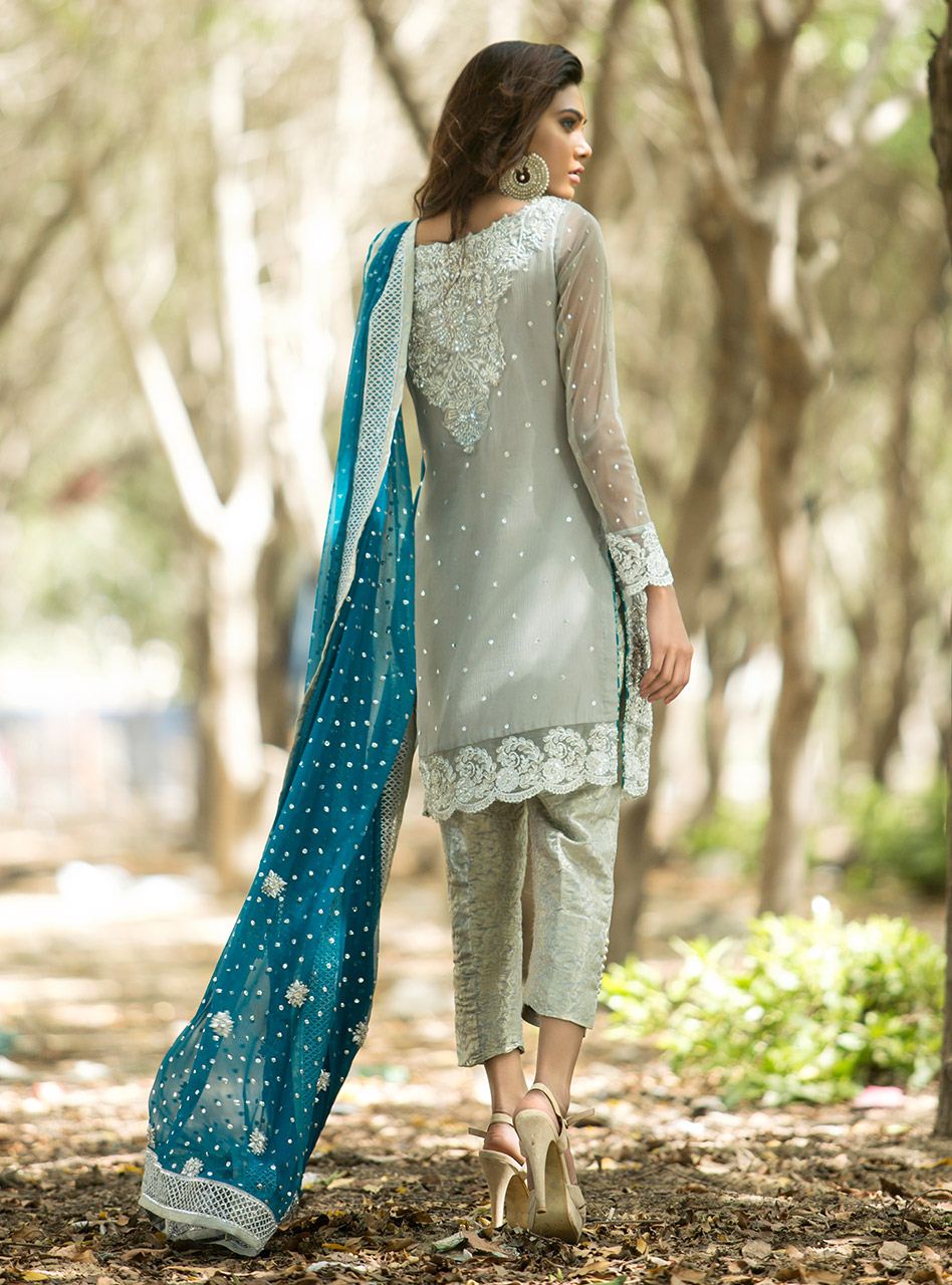 Zainab Chottani | Semi Formals | SILVER AND TEAL DRESS -  Zainab Chottani Ladies Clothes - Original Designer Dress - House of Maryam