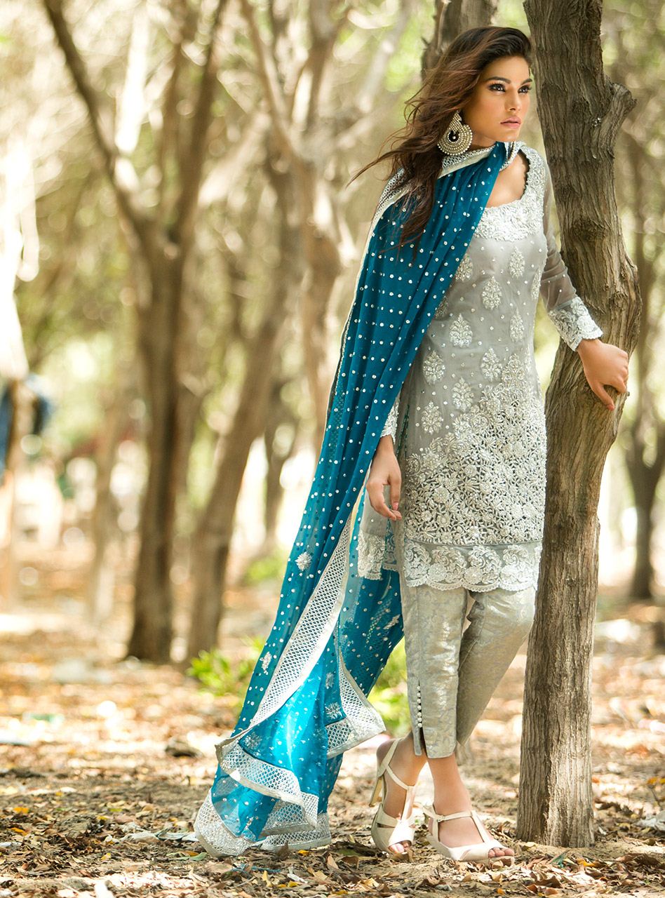 Zainab Chottani | Semi Formals | SILVER AND TEAL DRESS by Designer Zainab Chottani - House of Maryam - Pakistani Designer Ethnic Wear in {{ shop.shopifyCountryName }}