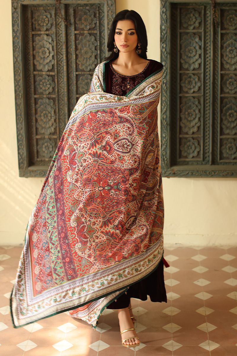 Aisha Imran | Printed Panache Velvet Shawls 25 | Sarai Shirt and Pants, image 5