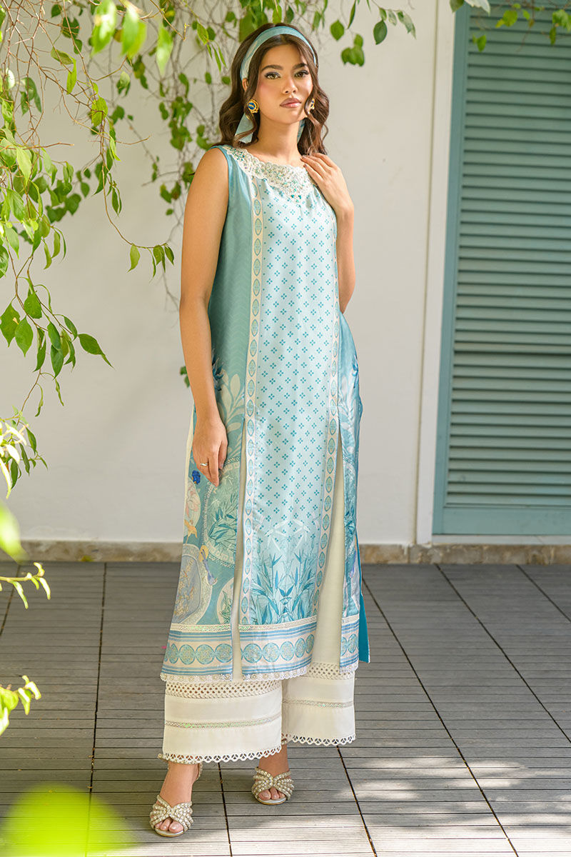 Fatima Khan | Eid Digital Silk Prints |   Teal Tropics -  Fatima Khan Ladies Clothes - Original Designer Dress - House of Maryam