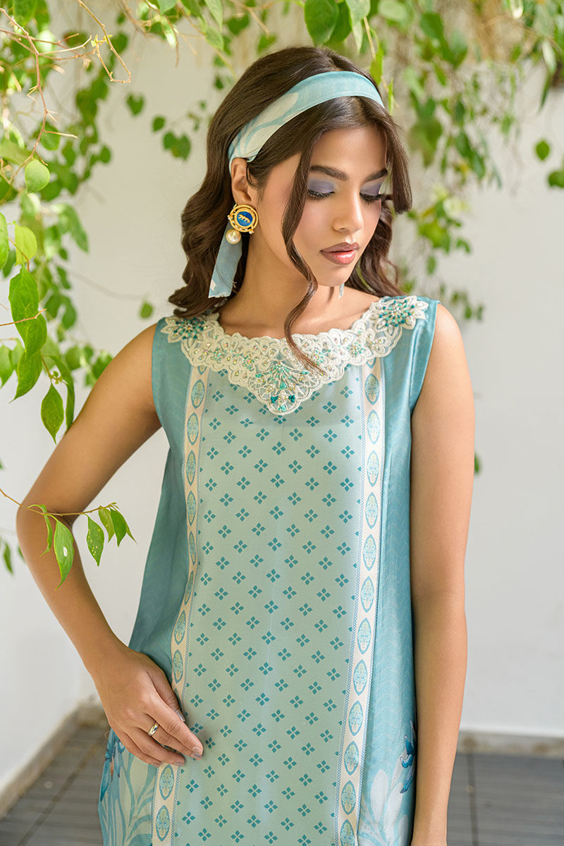 Fatima Khan | Eid Digital Silk Prints |   Teal Tropics -  Fatima Khan Ladies Clothes - Original Designer Dress - House of Maryam