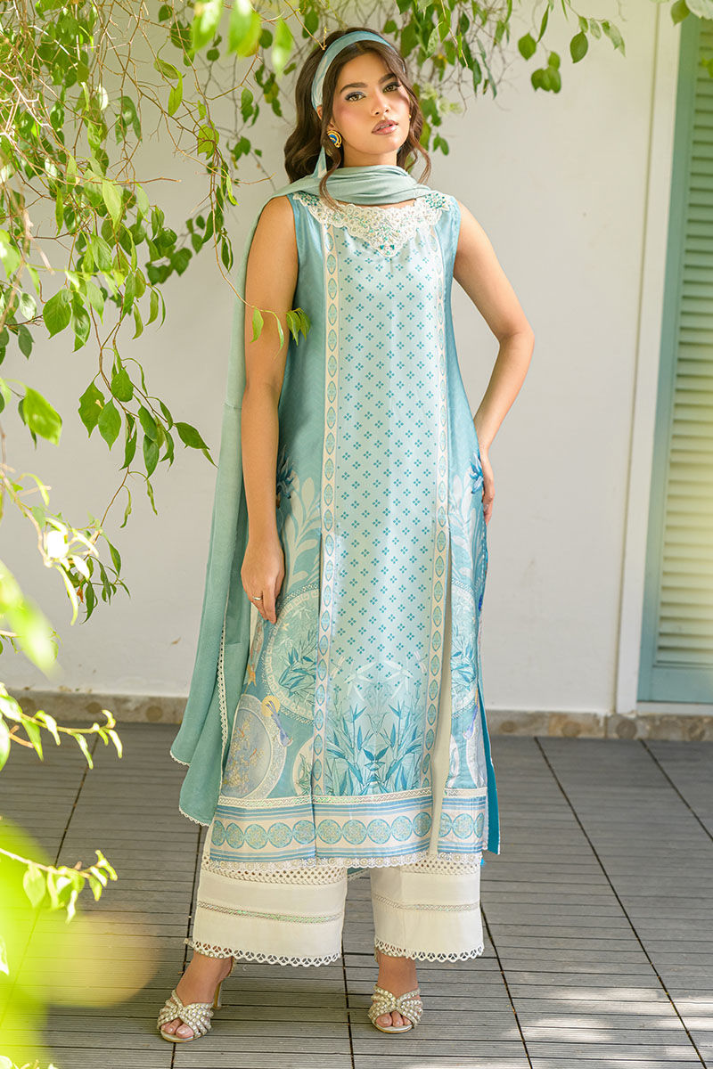 Fatima Khan | Eid Digital Silk Prints |   Teal Tropics -  Fatima Khan Ladies Clothes - Original Designer Dress - House of Maryam