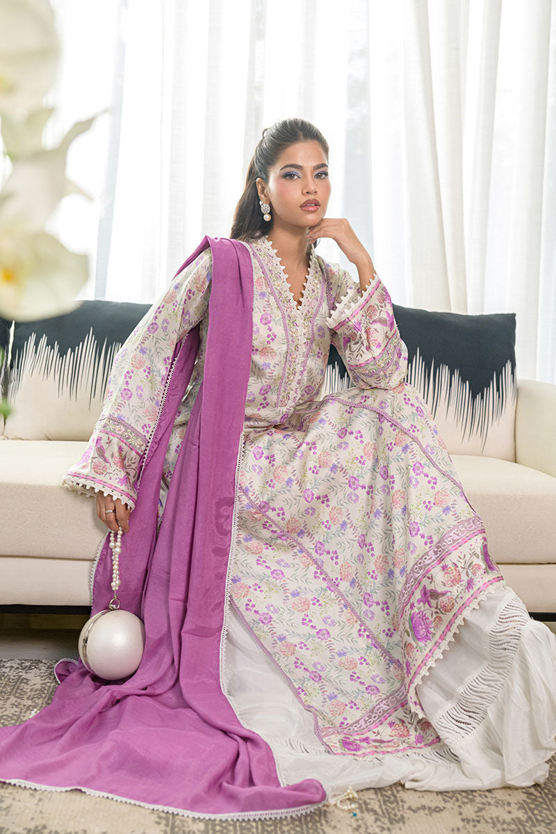 Fatima Khan | Eid Digital Silk Prints | Lavender Ivory -  Fatima Khan Ladies Clothes - Original Designer Dress - House of Maryam