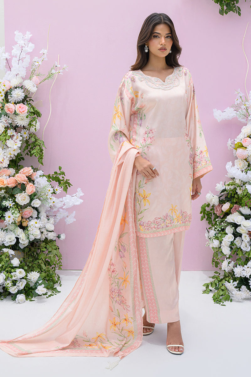 Fatima Khan | Eid Digital Silk Prints | Peach Blossoms -  Fatima Khan Ladies Clothes - Original Designer Dress - House of Maryam