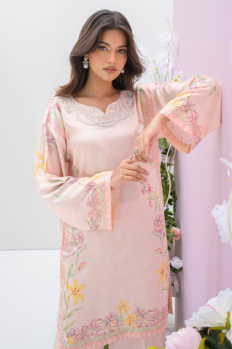 Fatima Khan | Eid Digital Silk Prints | Peach Blossoms -  Fatima Khan Ladies Clothes - Original Designer Dress - House of Maryam