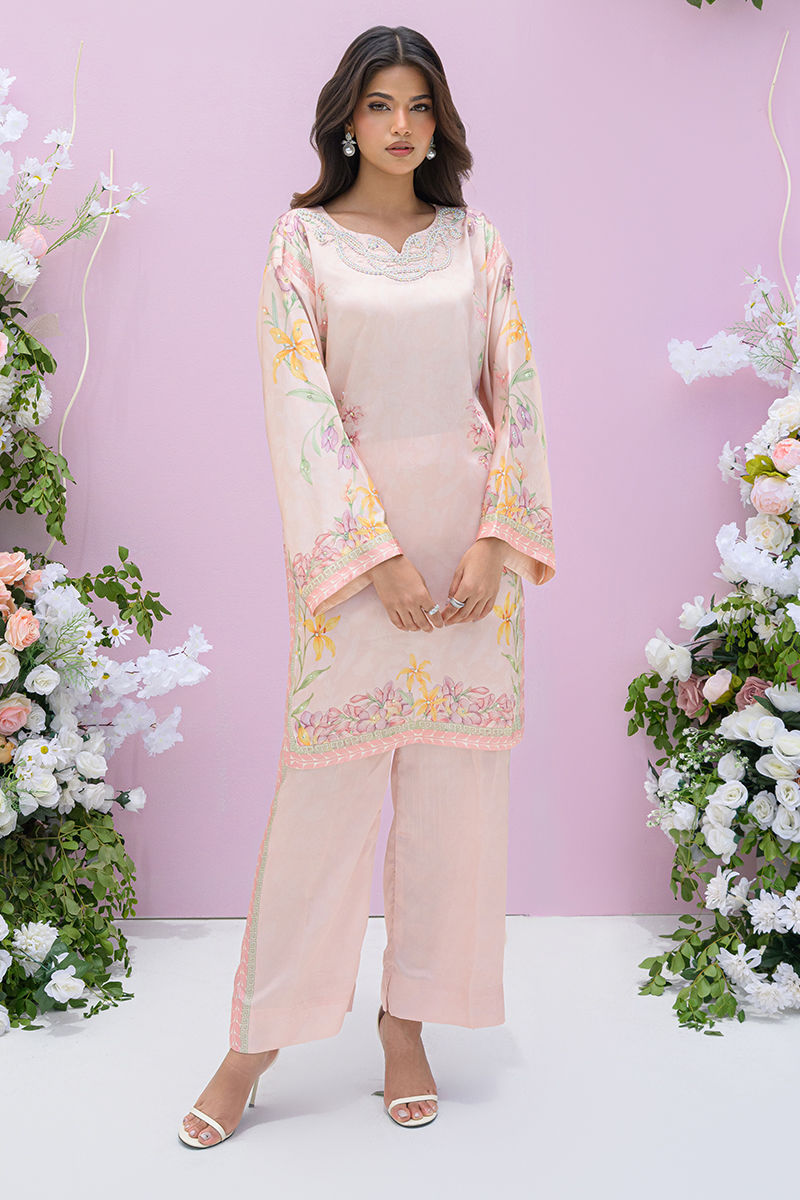 Fatima Khan | Eid Digital Silk Prints | Peach Blossoms -  Fatima Khan Ladies Clothes - Original Designer Dress - House of Maryam