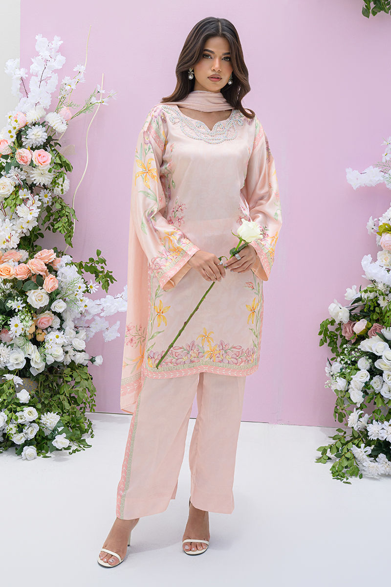Fatima Khan | Eid Digital Silk Prints | Peach Blossoms -  Fatima Khan Ladies Clothes - Original Designer Dress - House of Maryam