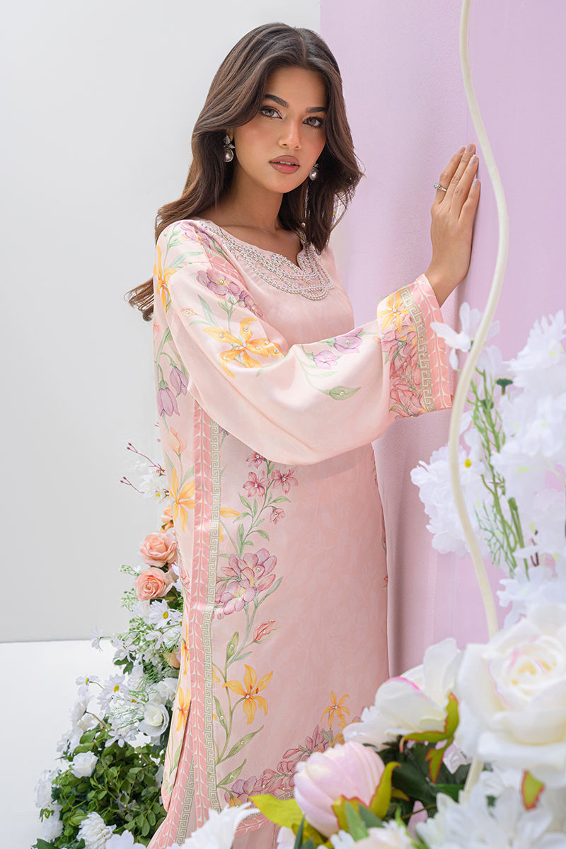 Fatima Khan | Eid Digital Silk Prints | Peach Blossoms -  Fatima Khan Ladies Clothes - Original Designer Dress - House of Maryam